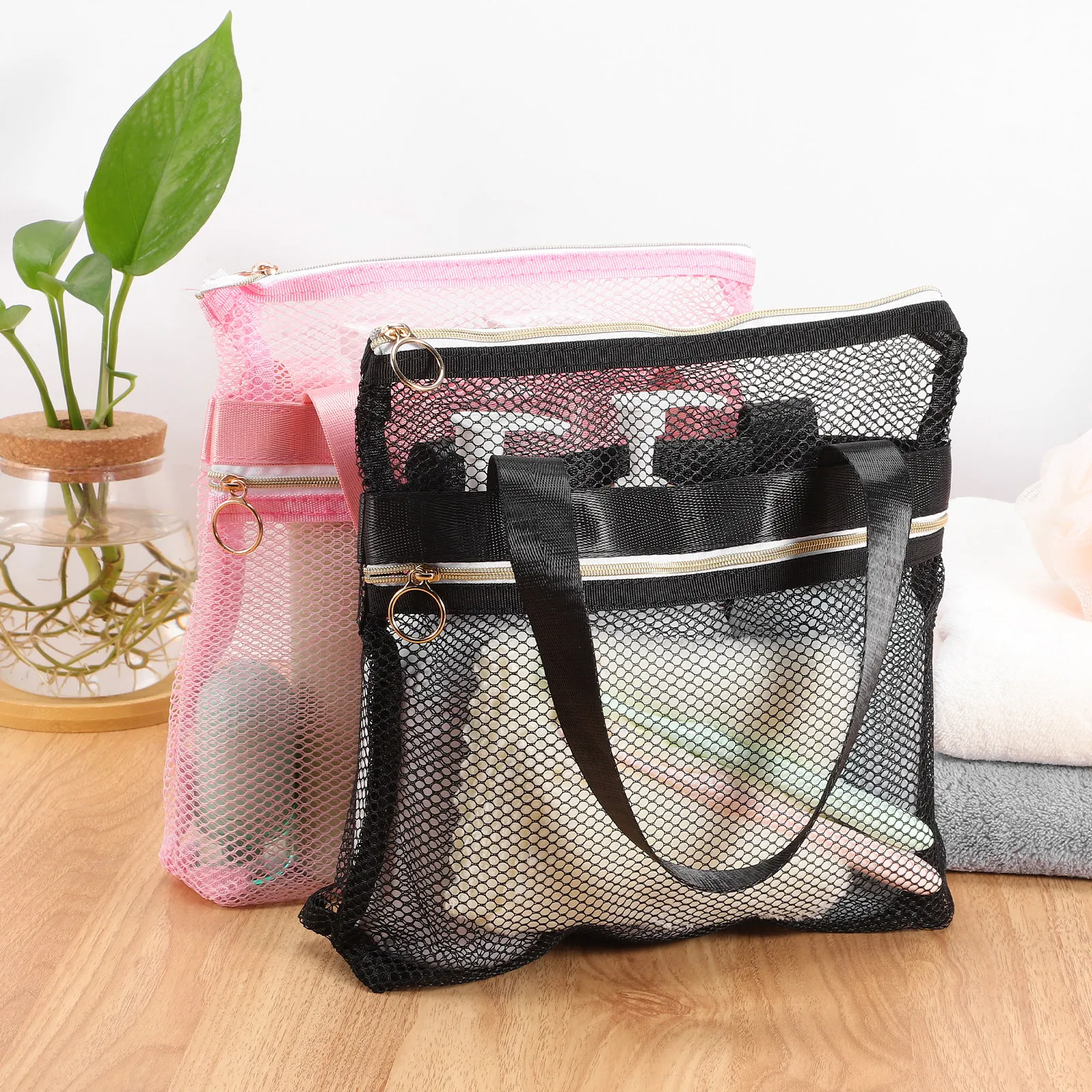 

2 pcs Mesh Shower Portable Lightweight Travel Bathroom Toiletries Bag For Gym Camping Dorm Beach Small With Zipper Sturdy Nylon