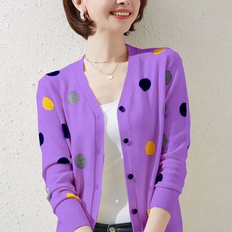 

Фиолетовый кардиган в горошек, блузка для женщин, повседневная элегантная вязаная блузка с v-образным вырезом и открытой передней частью, легкая весенне-осенняя одежда