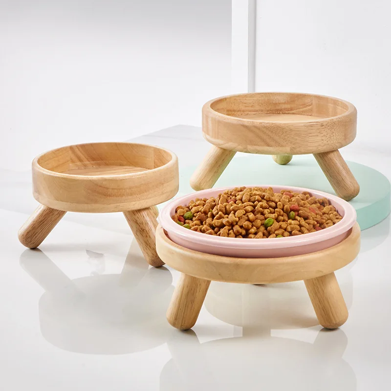 Cat bowl elevating frame anti-upset water bowl protection Cervical oak frame small dog pet bowl table rack Food plate