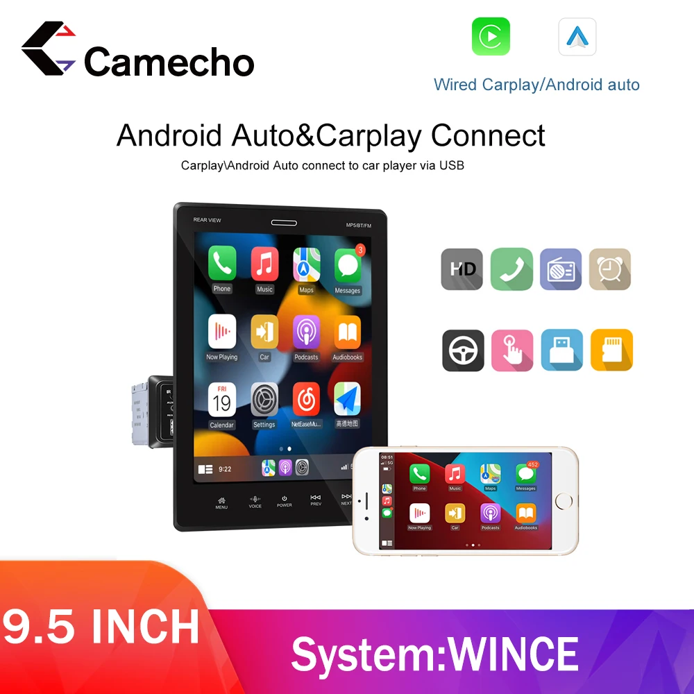 Camecho Tesla Style Carplay Universal Car Stereo 1 Din Adjustable 9.5 inch Touch Screen BT FM Car Video Audio System MP5 Player