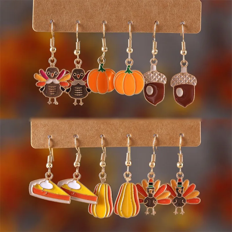 New Fashion Thanksgiving Turkey Pumpkin Sandwich Pinecone Drop Oil Women's Earring Set Holiday Gift Creative Jewelry