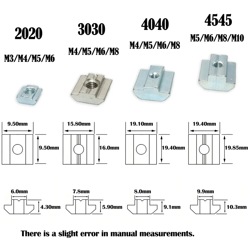 200p/lot T Block Square Nut M3 M4 M5 M6 M8 T Nut T-Track Sliding Hammer Nut for 2020 3030 Aluminum Connection Profile 3d printer