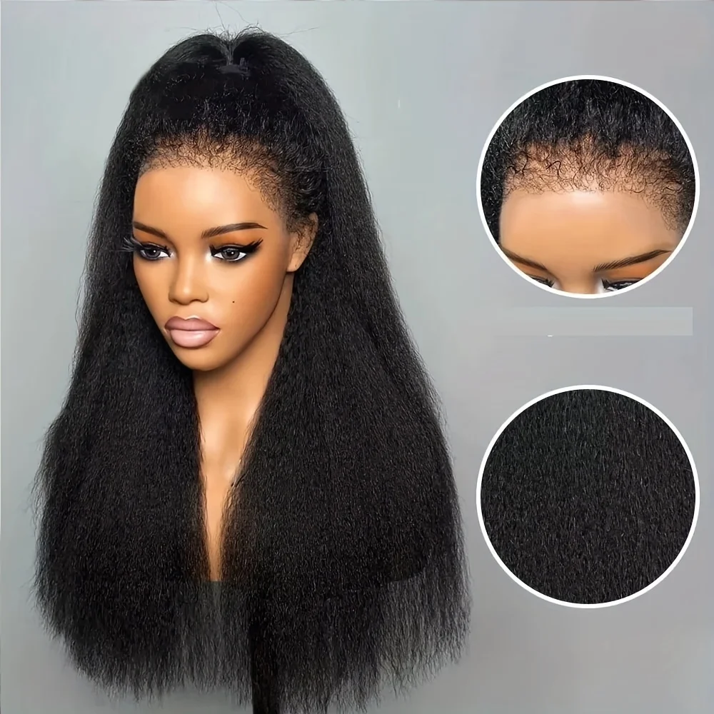Soft Yaki Glueless 28Inch Black Kinky Straight HD 13x4 Lace Front Wigs Pre Plucked Transparent Lace Wig For Women Deep Part
