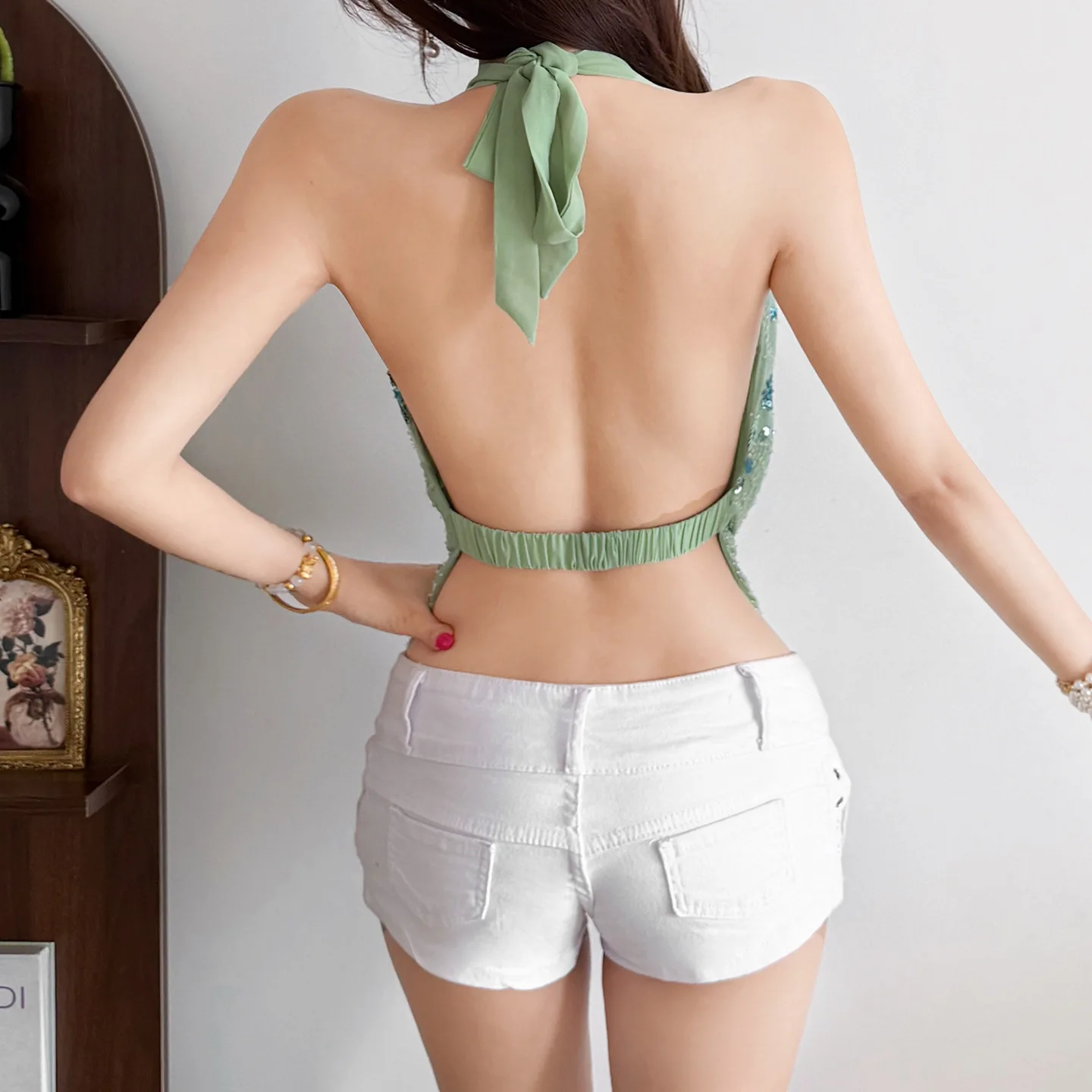 TANGXIN SHOP Cross-Border Style Spring 2026 Women's Slim Fit Neck Hanging Strap V-Neck Backless Knitted Tube Top