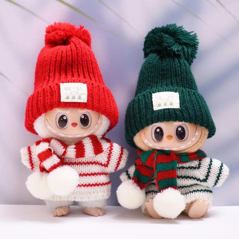 

For 1st to 3rd Gen Bubu Dolls Christmas/Halloween Gift Suitable For 15/17cm Dolls Striped Sweater Hat Scarf Set