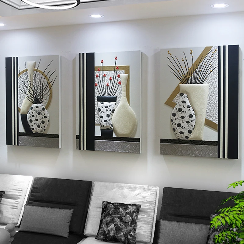 Light luxury sofa background wall 3D solid leather painting living room triple decorative painting
