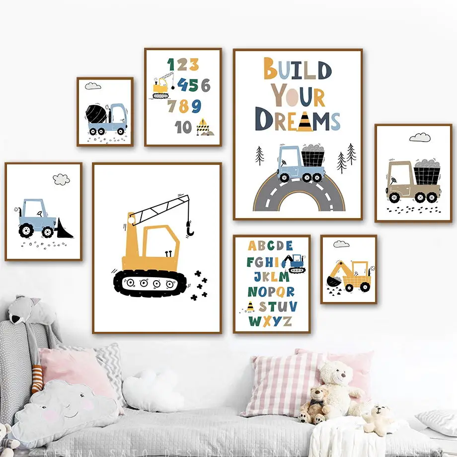 الكرتون الأبجدية 123 رافعة حفارة جرار جدار قماش رسم مطبوع اللوحة الشمال المشارك الحضانة صور الطفل غرفة الاطفال ديكور