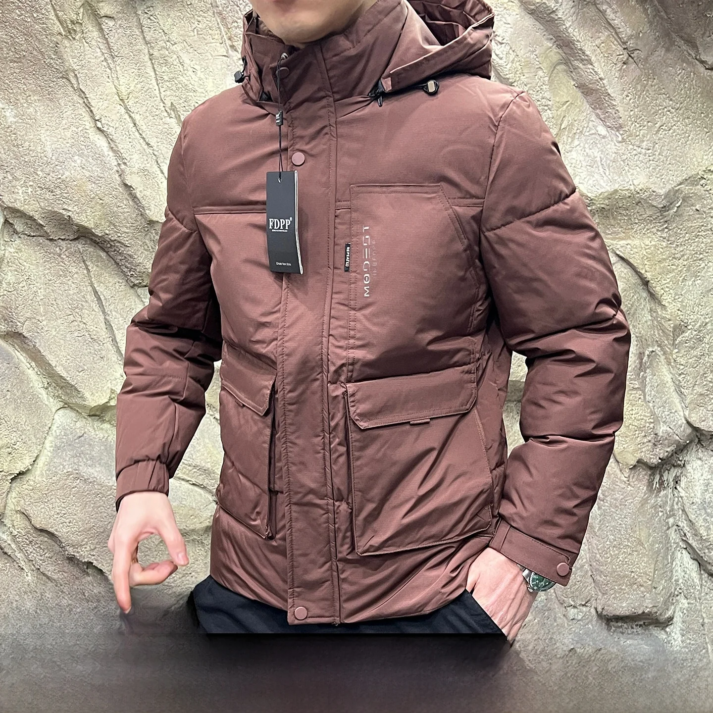 

Thiened Winter Cotton Jaet for Men Detachable Hat Windproof Waterproof Youth Faion Stand Fit Long Sve Warm Coat