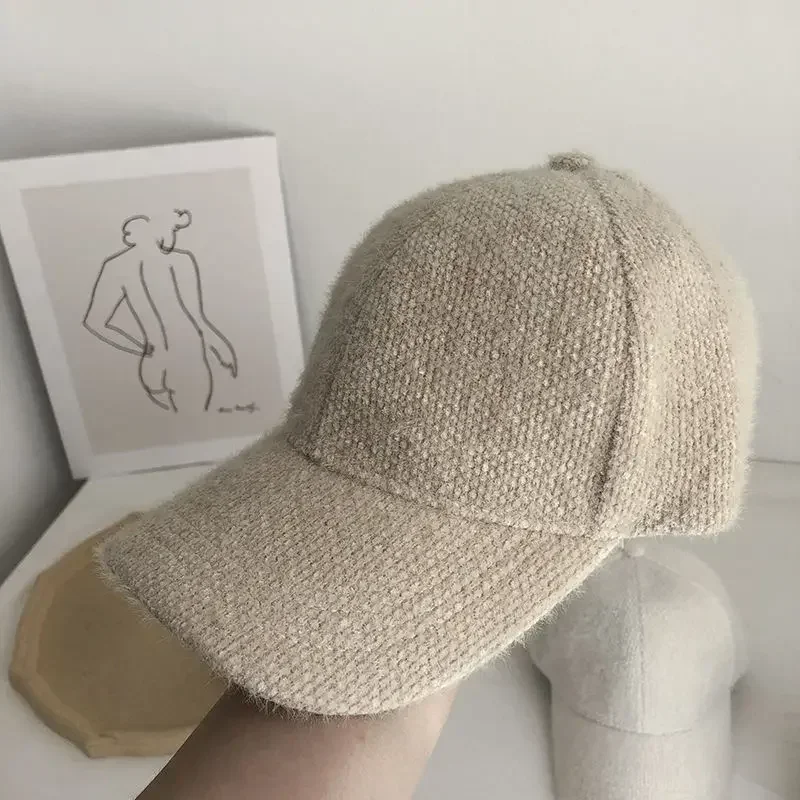 Women Faux Rabbit Fur Baseball Cap Solid Color Warm Winter Hat Soft Fluffy Visor Cap for Outdoor Daily Wear