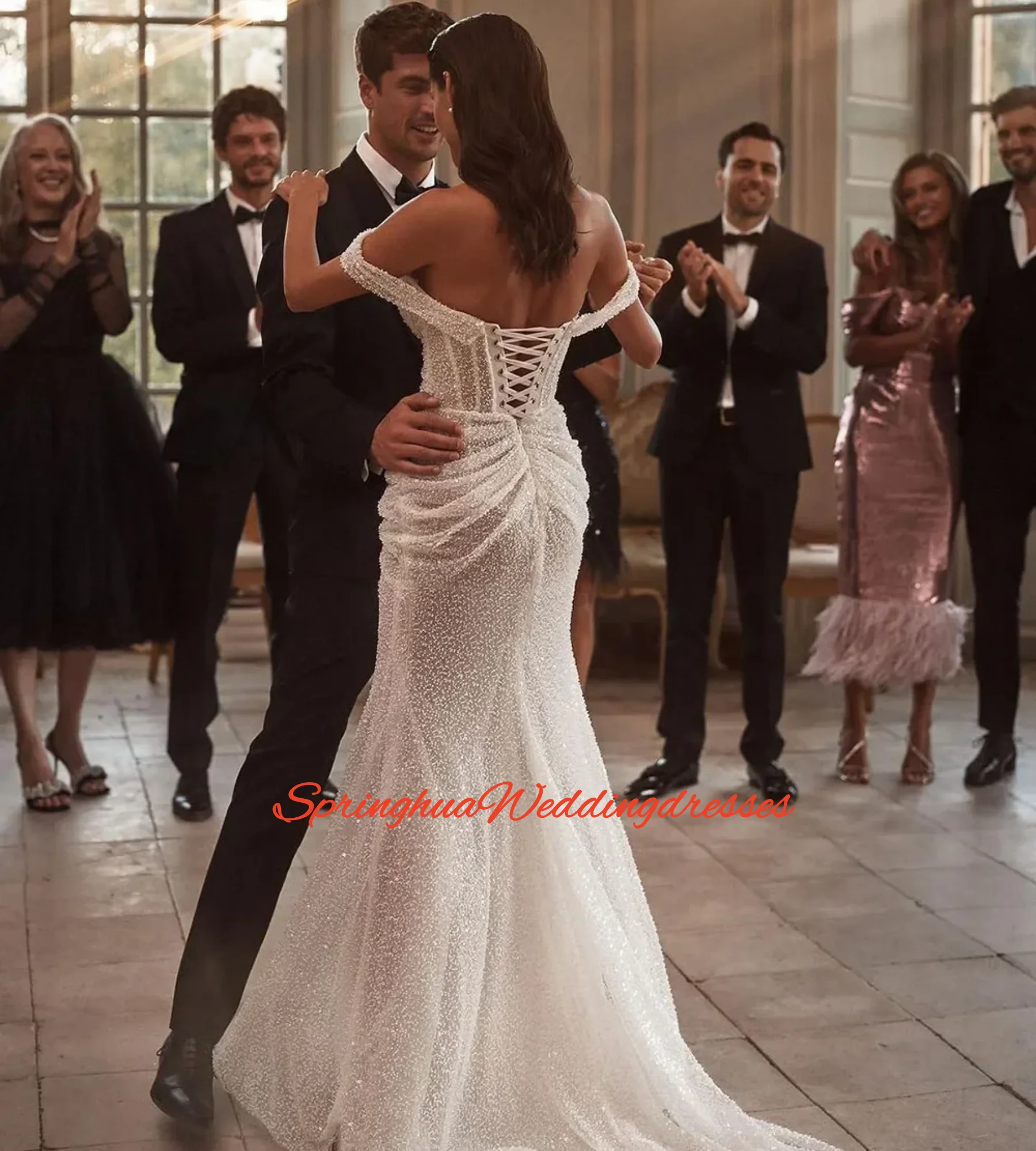 Customized Luxury Wedding Dresses Women Beading Pearl Glitter Mermaid Bride Dress Off The Shoulder Long Reception Brides Gown