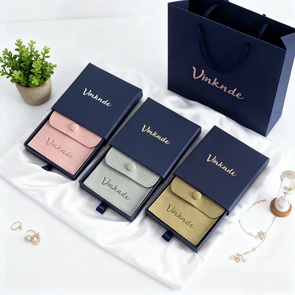 

Luxury Jewellry Boxes Cardboard Jewelry Necklace Box Slider Drawer Pulling Ring Earrings Storage Packaging Case Velvet Snap Bag