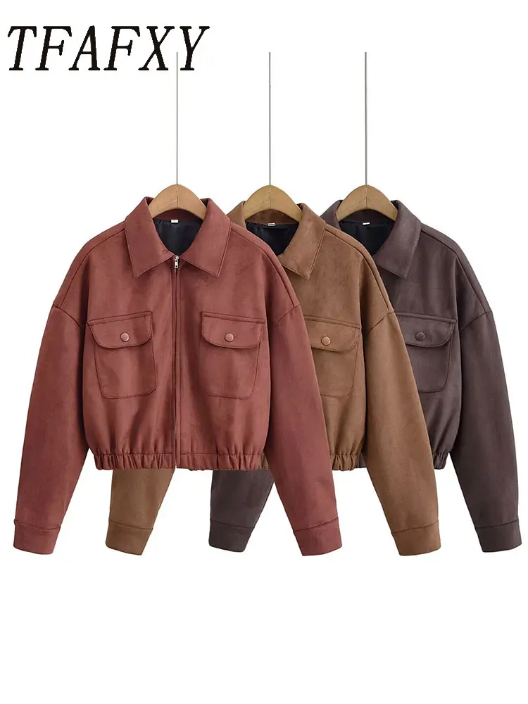 

TFAFXY шикарная женская куртка из искусственной замши, осень 202, свободное короткое пальто на молнии с длинными рукавами, женский повседневный укороченный топ, верхняя одежда