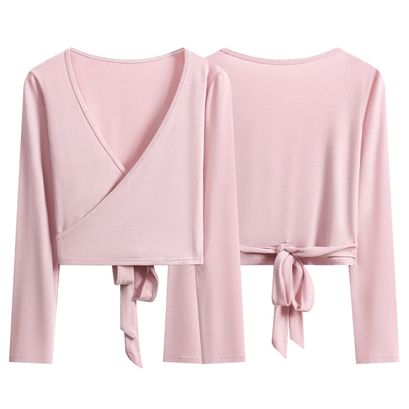 DRUR Long Sleeve Wrap Yoga Top With Back Tie Slim Fitted Deep V-Neck Cross Wrap Around Shirt For Workout Pilates Ballet Yogawear
