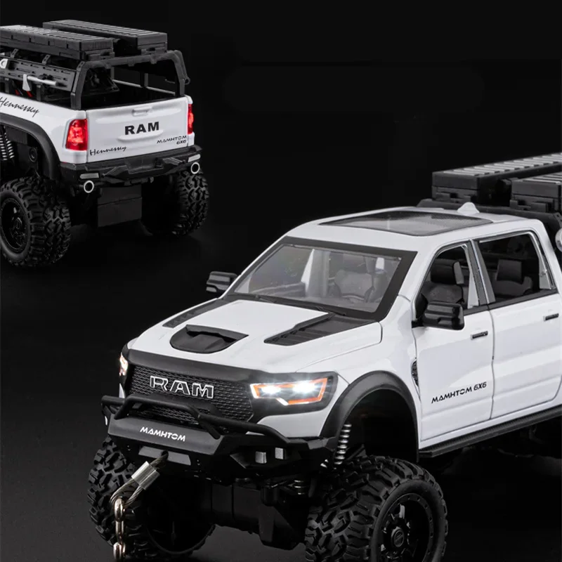 Modèle de voiture de pick-up en alliage tyrannosaure RAM 1500 REX 1:24, véhicules tout-terrain en métal moulé, son et lumière, jouet pour enfants, cadeau