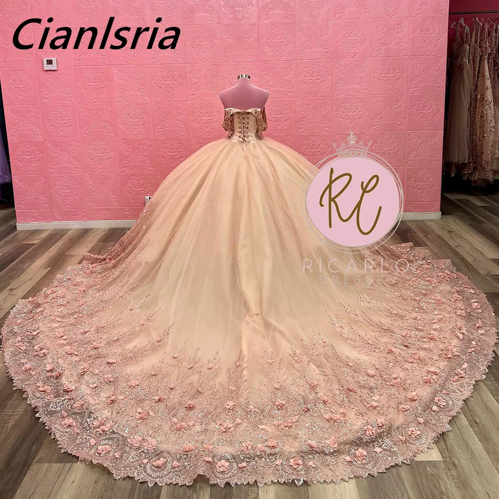 Vestido De baile De quinceañera con volantes y cuentas De cristal champán, apliques De ilusión, encaje 3D, corsé De flores, 15 Años