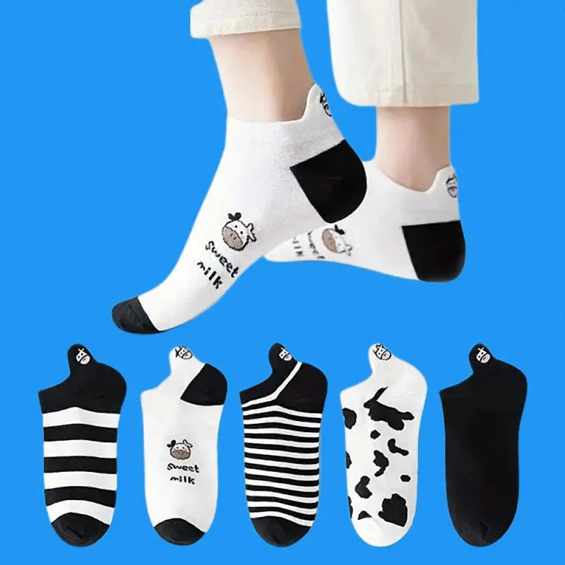 5/10 Pairs Creative Printing Socks Ankle Sock Lovely Cow Pattern Short Socks Casual Outdoor Indoor Cotton Socks Womens Socks