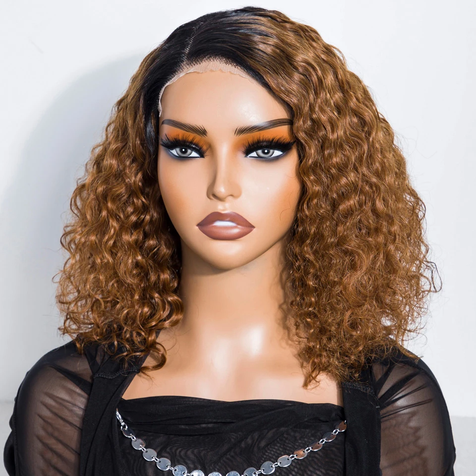 Lekker-Glueless Short Deep Wave Curly Bob Wig para Mulheres, Ombre Brown, Parte Lace Perucas de Cabelo Humano, Cabelo Remy Brasileiro, Colorido