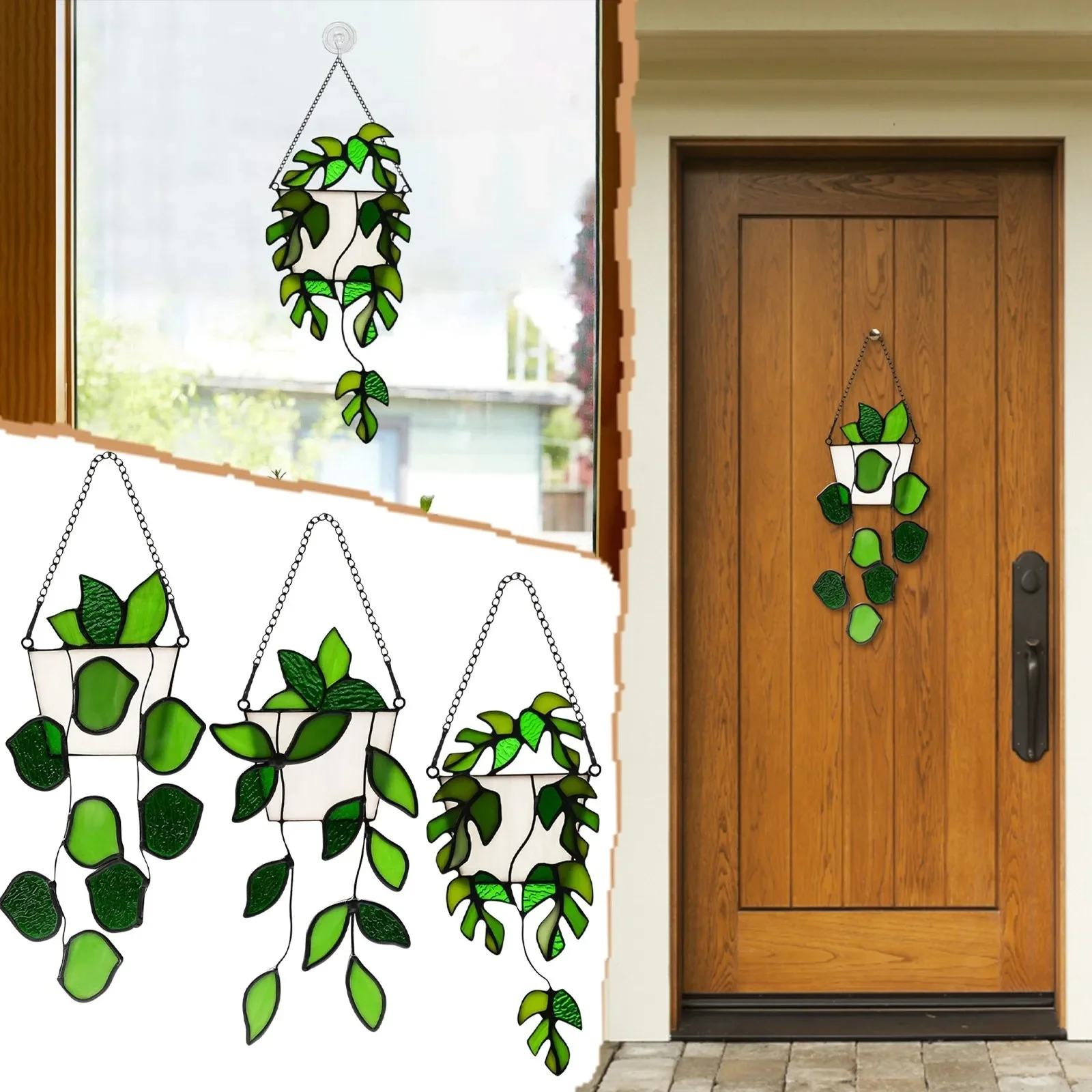 Artificial Plant Decor Handmade Green Fake Plant Stained Glass Window Hanging Light Catcher Decorative Gift For Plant Lover