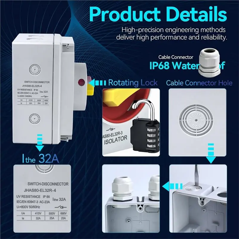 FLYY-IP66 Wasserdichter 32A 4-poliger Trennschalter 800V AC, Drehgriff, geeignet für industrielle, gewerbliche und private Nutzung. – Detail 3