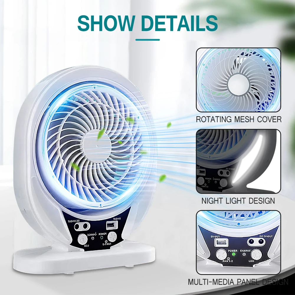 Solar Fan light Solar Powered AC DC Rechargeable Solar Fan with Solar Panel and LED Bulb light for Outdoor  LED Camping Lights