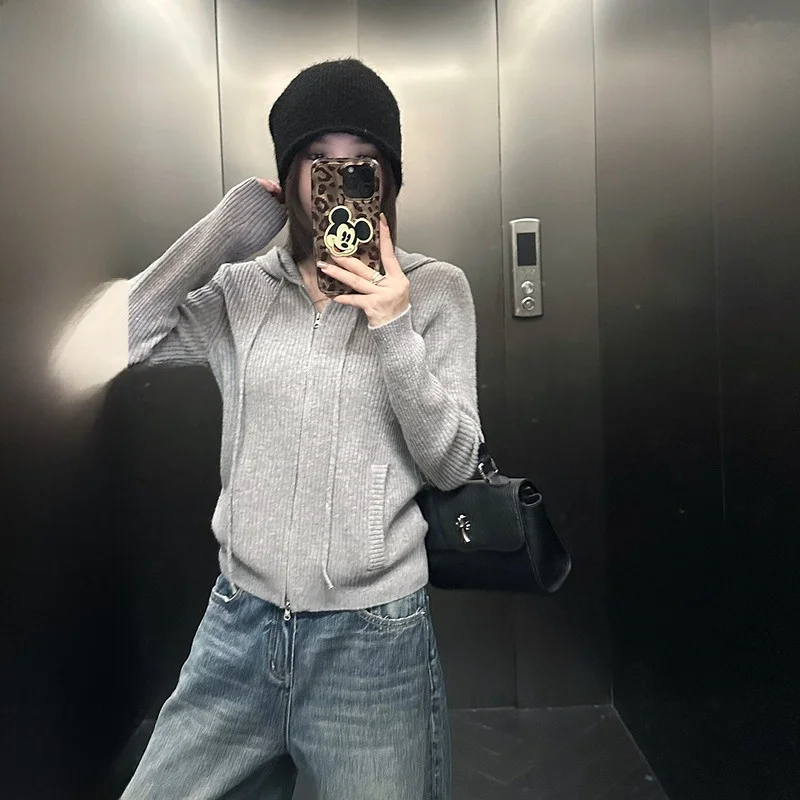 

Zeng Yueban Plu Hooded Knitwear Winter Outerwear Women's Long Sve Zipper Closure Striped Pattern 00% Pure Wool Coat