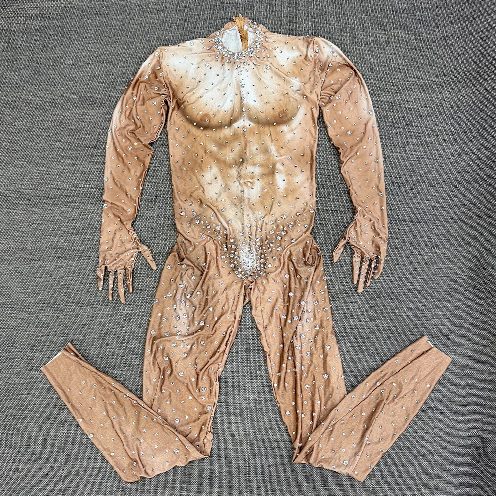Fashion Print Tattoo Muscle Male Costume Sexy Skinny Crystal Jumpsuit Clothes Adult Men Stage Dance Nightclub Performance Outfit