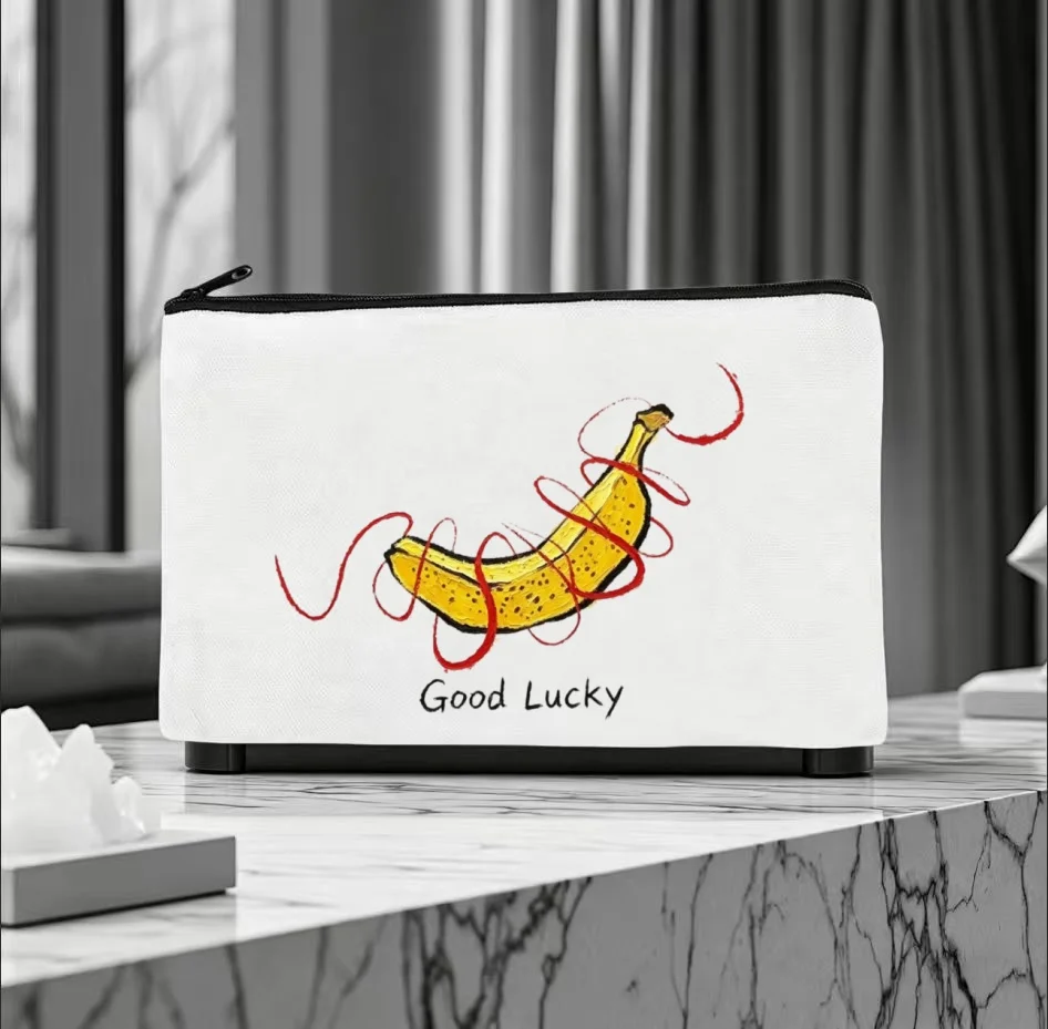 1PC Hand Drawn Oil Painting Banana Red Line Good Lucky Canvas Cosmetic Bag Double Sided Portable Travel Zipper Pouch