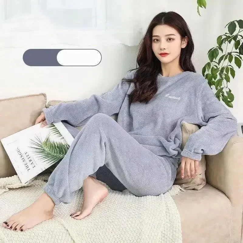 With Solid Thickened Coral Casual Color Home And Velvet Autumn Flannel Plush Set Winter Nightgown Pajamas Women's Uniform