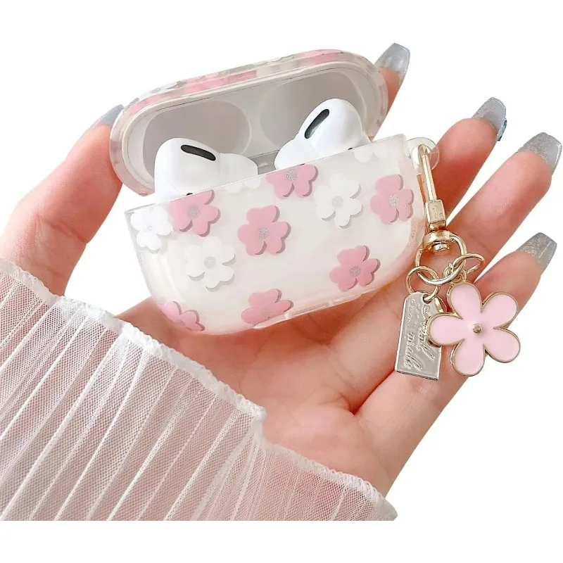 الوردي والأبيض الزهور غطاء ل AirPods Pro 2 3 لطيف بريق زهرة قلادة حقيبة سماعة الاذن ل أبل AirPodPro سماعة كيرينغ