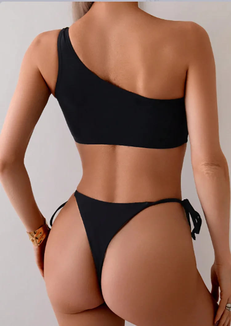 2025 섹시한 반다우 비키니 수영복 싱글 숄더 링 순색 슬림 핏 여성 수영복 크로스보더 비치웨어 탱키니 세트
