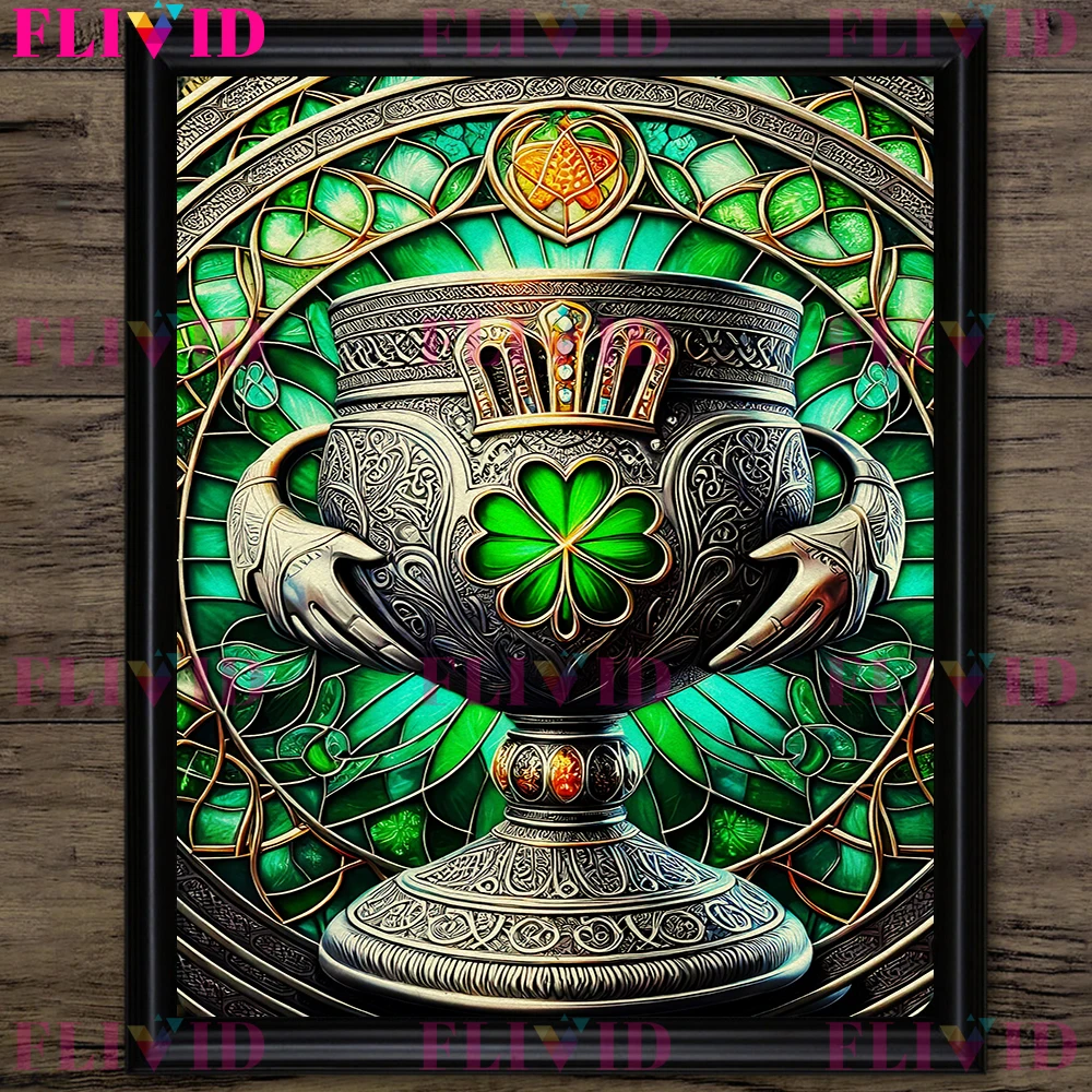 Irish Celtic Clover Shield,Cross And Chalice Abstract Wall Art Canvas Painting,Tree Of Life Medieval Art Poster Print Home Decor