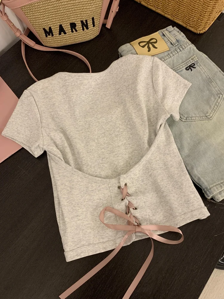

Sweet And Cool Shoulder Knot Short Sleeve T-Shirt Women's Summer Design Slimming Fit Korean Style Cotton Casual Top
