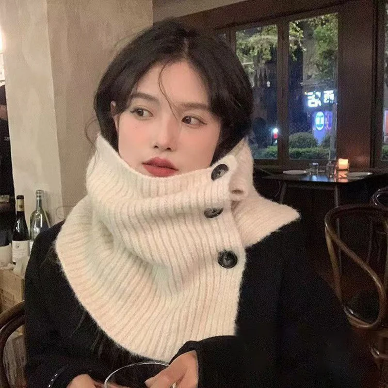 Solid Color Botton Neckerchief Women Winter Warm Thickened Knitted Scarves Korean Retro Scarf Casual Versatile Woolen Neck Cover