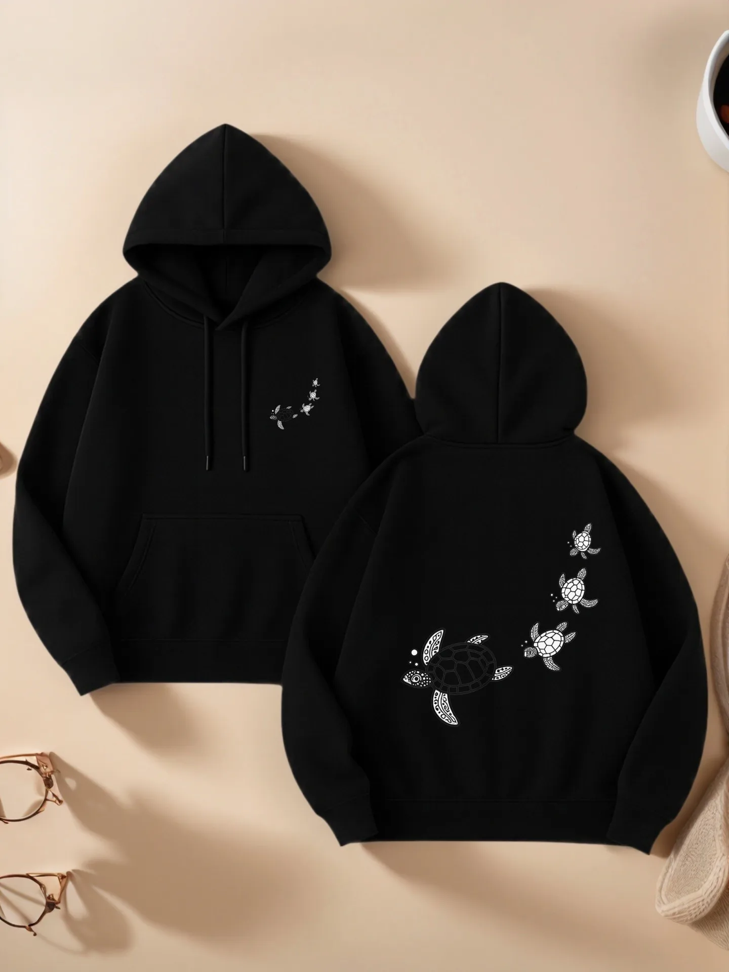 Grafische hoodie dames, schattige schildpad- en kattenprint, casual esthetisch ontwerp, zachte stof, casual dagelijks gebruik