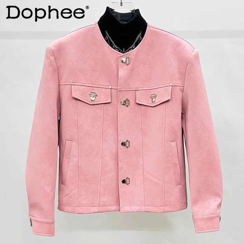 

Men 2025 New High-End PU Leather Jacket Fashion Loose Design Solid Color Jackets Metal Buckle Stylish Trendy Faux Leather Coats