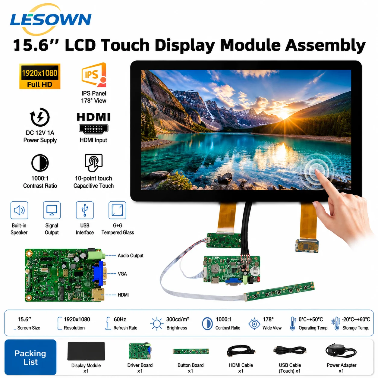 LESOWN 15.6 Inch Touch Screen with Board 1920x1080 Capacitive Display Module Plug and Play HDTV VGA 12V Monitor Panel Kit