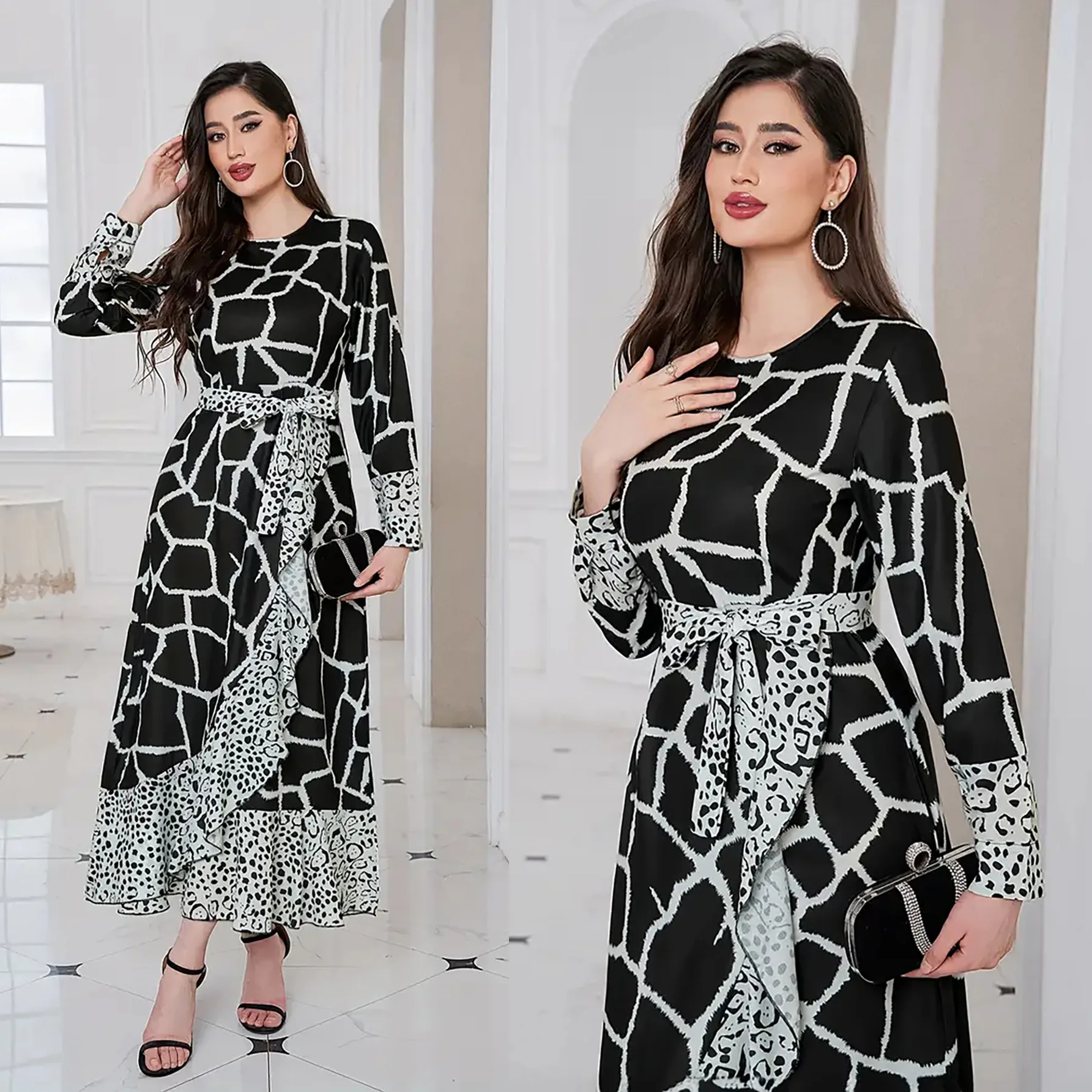 

Ближневосточное арабское женское платье с леопардовым принтом и рюшами по краям Cw37301