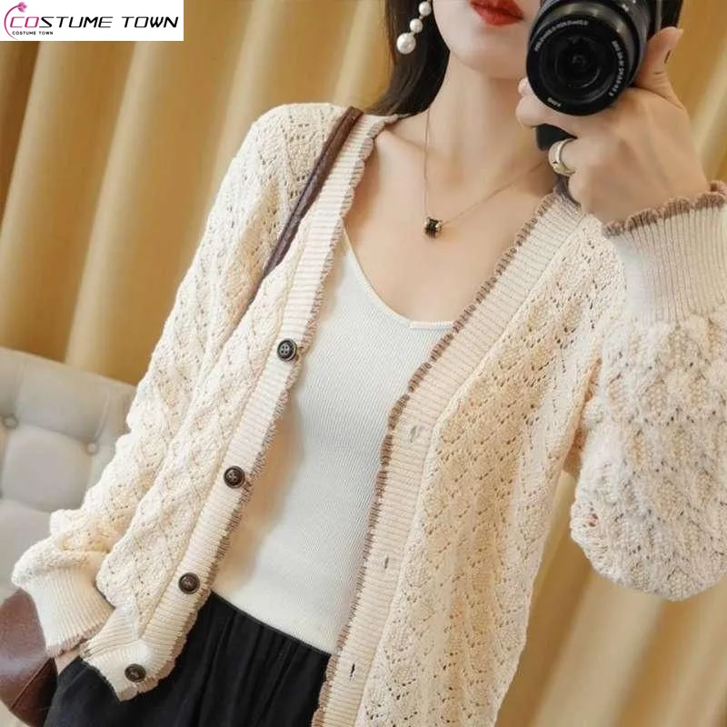 Spring and Autumn New Versatile Knitted Cardigan Coat Women\'s Thin Hollow Loose Large Size Western-style Solid Color Women\'s Top