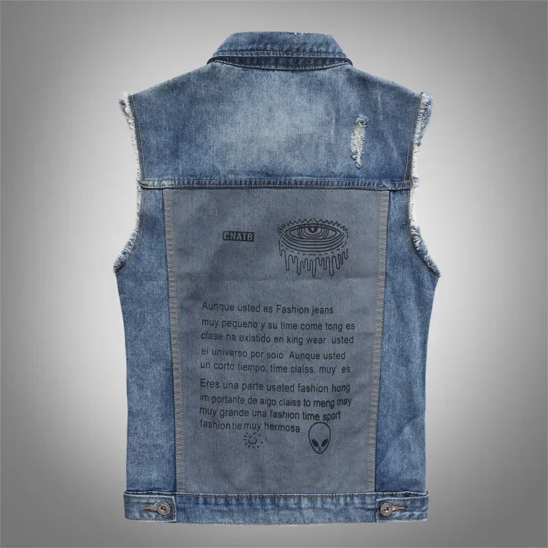 Men Patched Denim Waistcoats Vests Jackets New Fashion Male Fit  Coats  High Street Wear Holes Jeans  Size S-5XL