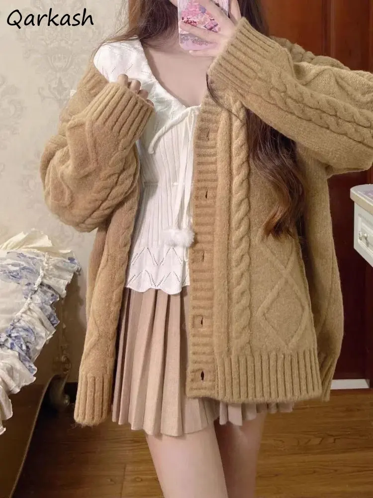 Lazy Retro Japan Style Cardigan Sweater Women Preppy Sweet Lovely Harajuku Screw Thread Prevalent All-match Girlish Popular Chic