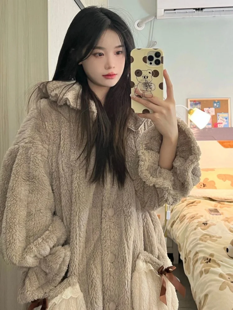 Winter Robes for Women Sleepwear Thick Midi Pockets Cute Hooded Sweet Warm Cozy Night Home Harajuku Clothing Korean Fashion New