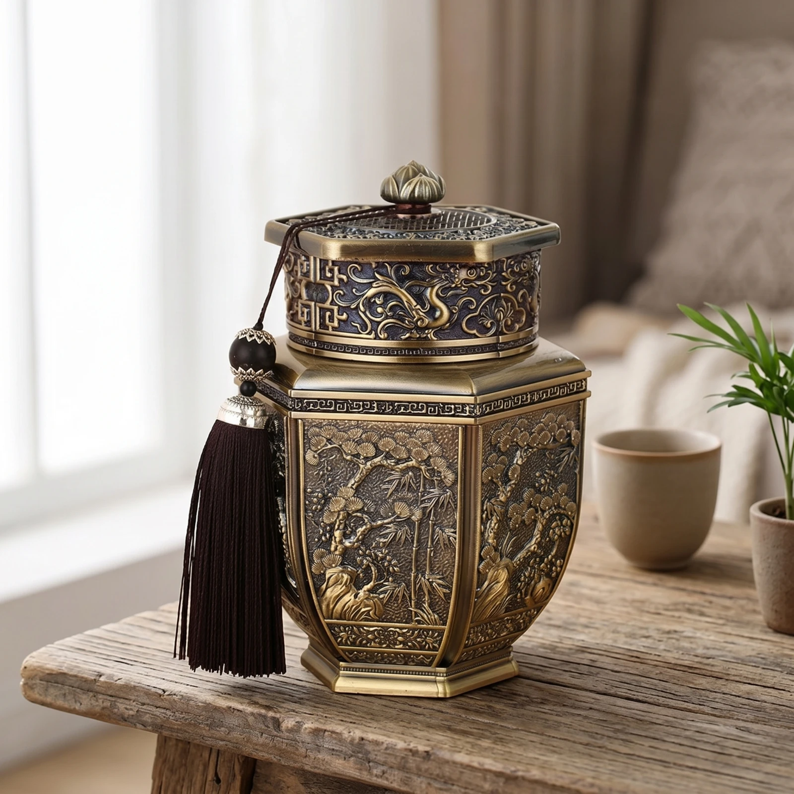 Tea Canister with Tassel Embossed Hexagonal Tea Container Bronze-Toned Traditional-Style for Collectors
