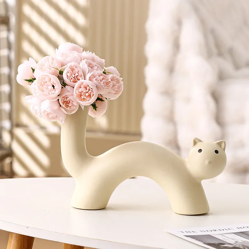 Mini Cartoon Cat Vase Creamy Style Ceramic Flower Pot For Home Living Room Desktop Tabletop Decor Simulation Flower Arrangement