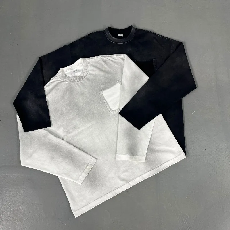Men's Cotton Long Sleeved Tops Luxury Design Distressed Spray Washed Pocket Tee Oversized Wasteland Style Couple Top Streetwear