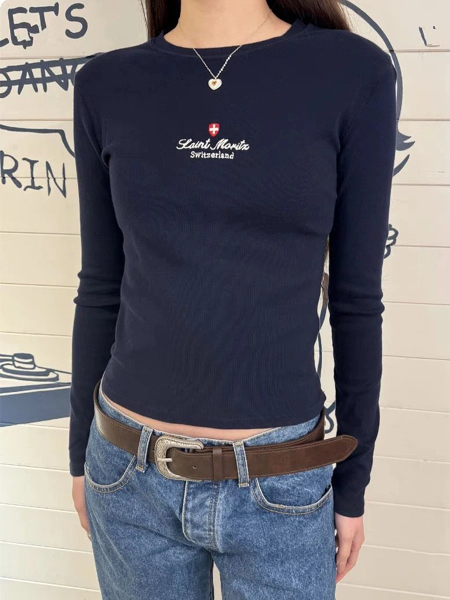 Letter Embroidery Long Sleeve T-shirt Women Crew Neck Cotton Slim Navy T-shirts Sweet Vintage Streetwear Y2k Tops Tees 2025 New