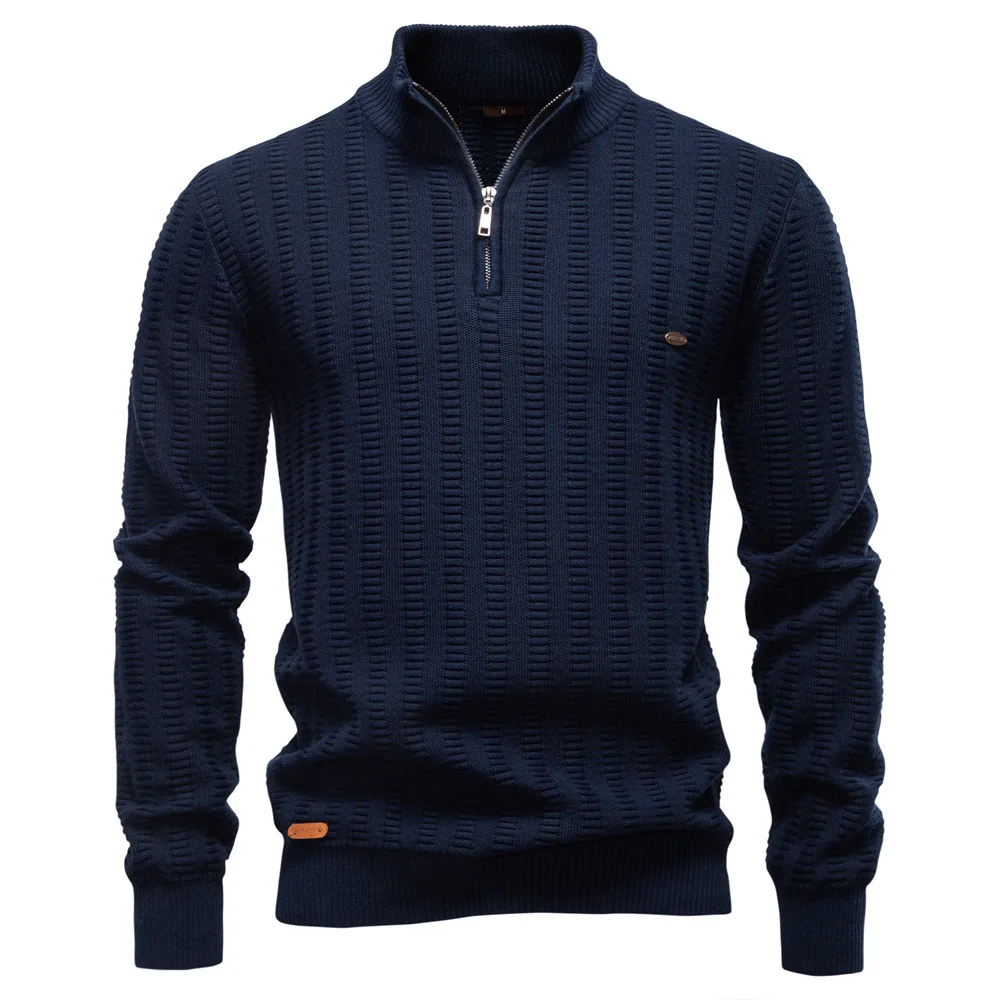 

Новый осенне-зимний полосатый жаккардовый мужской свитер европейского размера с полумолнией и воротником-стойкой, деловой свитер для мужчин