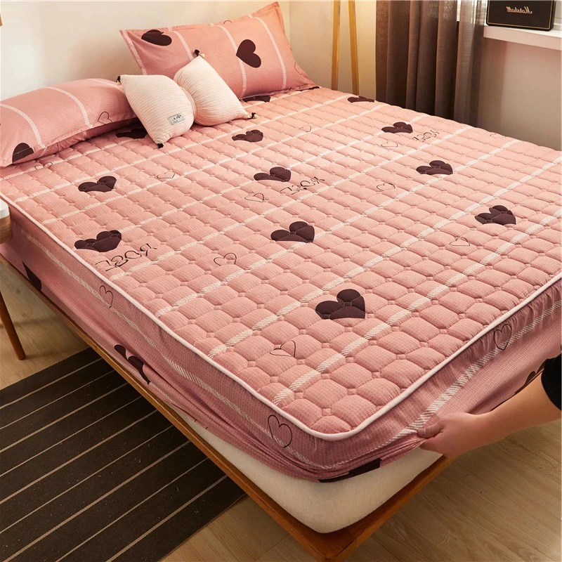 Kawaii Thicken Quilted Bed Mattress Protector Cover Pink Queen King Size Kids Single Gray Elastic Fitted Sheet Home Bed Cover