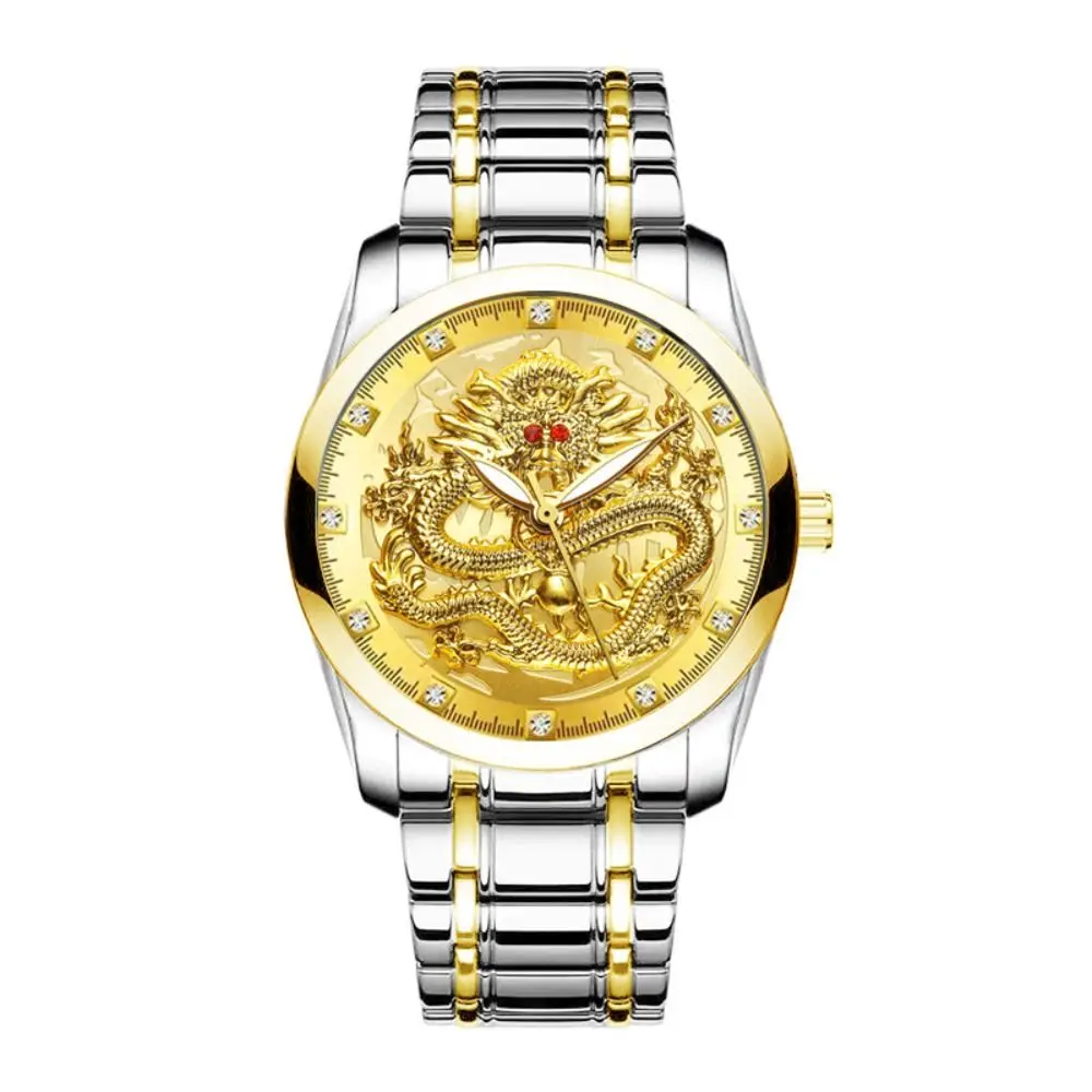 Fashion Stainless Steel Band Men's Watch Gold Color Luminous Dragon Pattern Clock Waterproof Big Dial Gold Dragon Watch Men