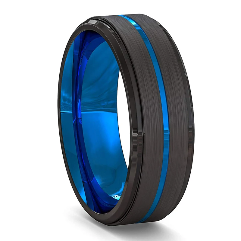 

Men's Fashion 8MM Black Brushed Ladder Edge Stainless Steel Ring Blue Groove Men Wedding Ring Gifts For Men Jewelry Wholesale