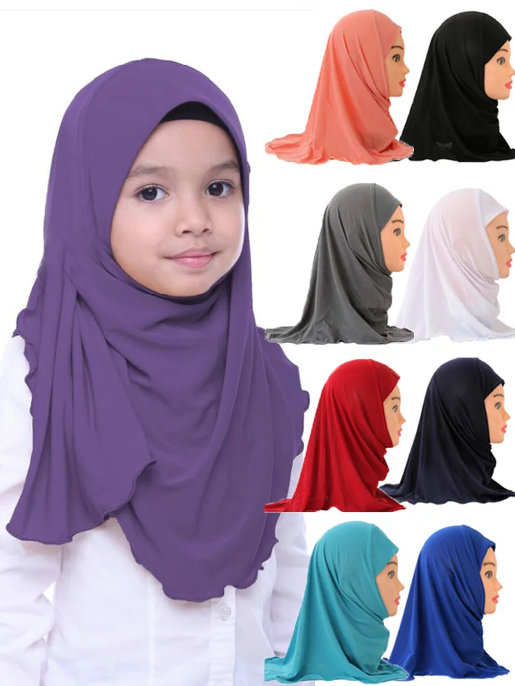 Bufanda islámica de Hijab para Niñas musulmanas, chales sin decoración, Material suave y elástico para niñas de 2 a 7 años, venta al por mayor, 50cm